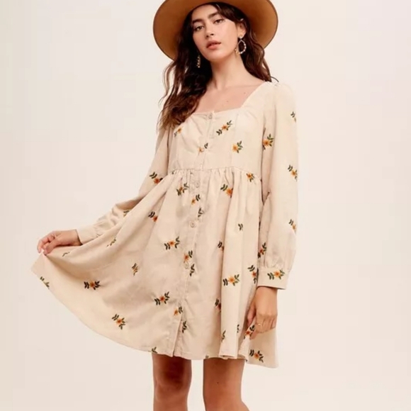 Listicle Cream Romantic Flower Embroidery Corduroy Baby Doll Dress size Small - Picture 1 of 11